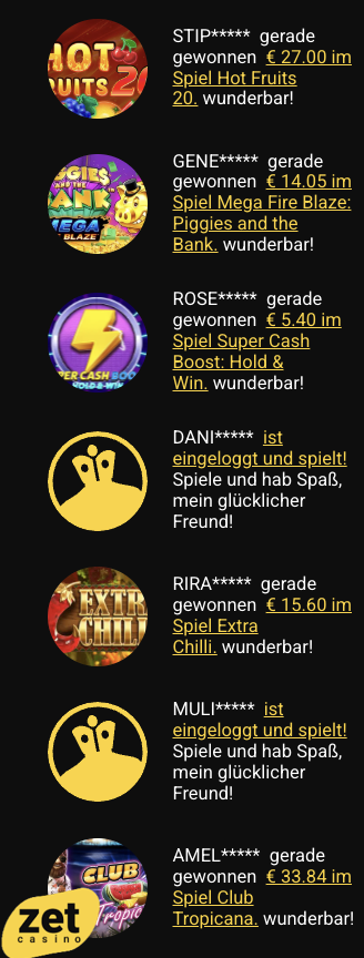 zet casino slot letzte gewinne